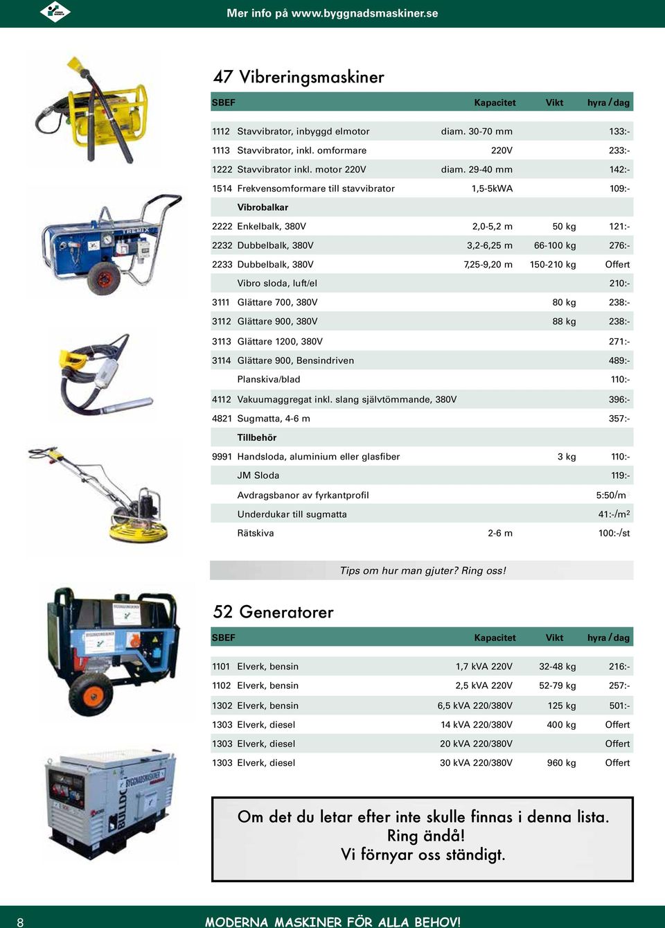 7,25-9,20 m 150-210 kg Vibro sloda, luft/el 210:- 3111 Glättare 700, 380V 80 kg 238:- 3112 Glättare 900, 380V 88 kg 238:- 3113 Glättare 1200, 380V 271:- 3114 Glättare 900, Bensindriven 489:-