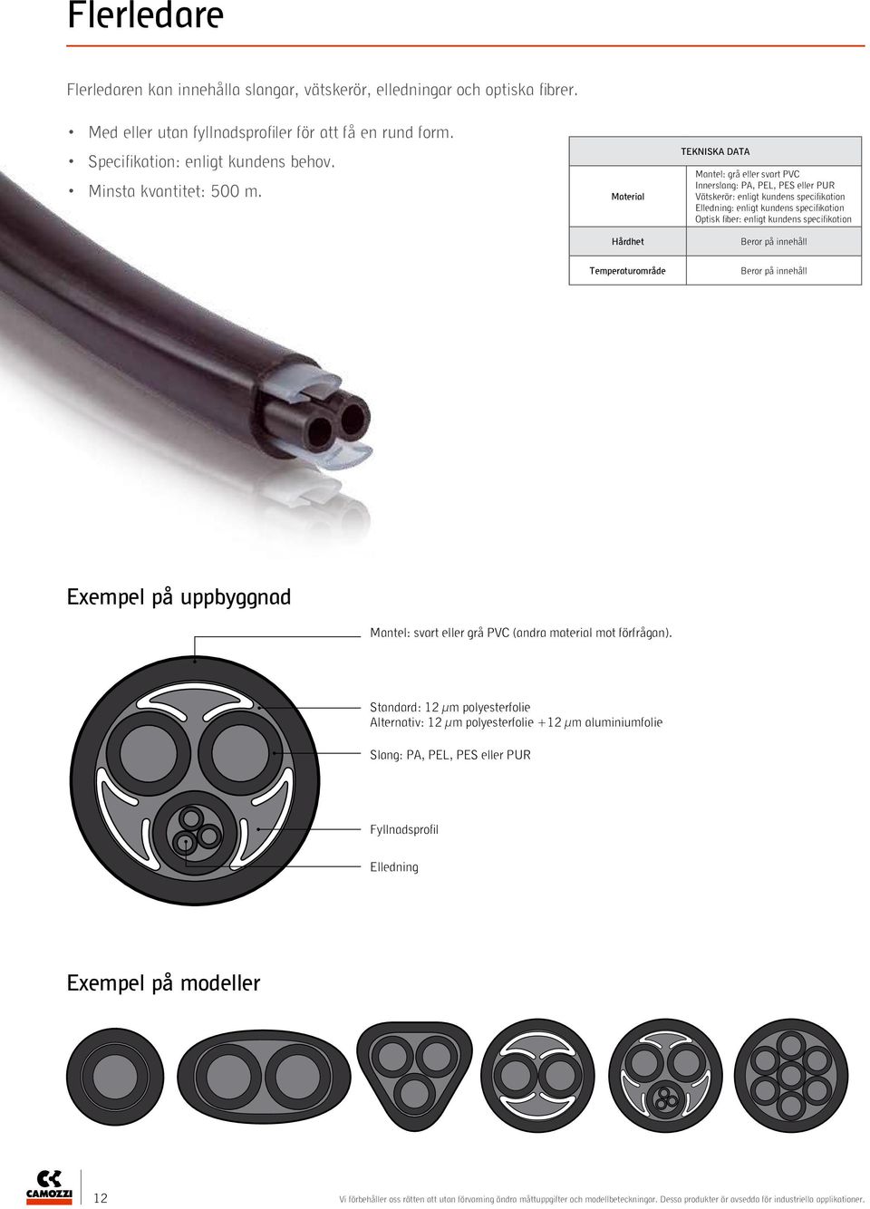 Mantel: grå eller svart PVC Innerslang: PA, PEL, PES eller PUR Vätskerör: enligt kundens specifikation Elledning: enligt kundens specifikation Optisk fiber: enligt kundens specifikation Beror på