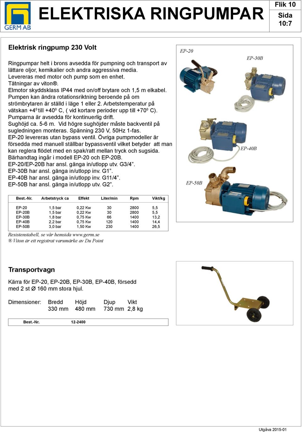 Pumpen kan ändra rotationsriktning beroende på om strömbrytaren är ställd i läge 1 eller 2. rbetstemperatur på vätskan +4 0 till +40 0, ( vid kortare perioder upp till +70 0 ).