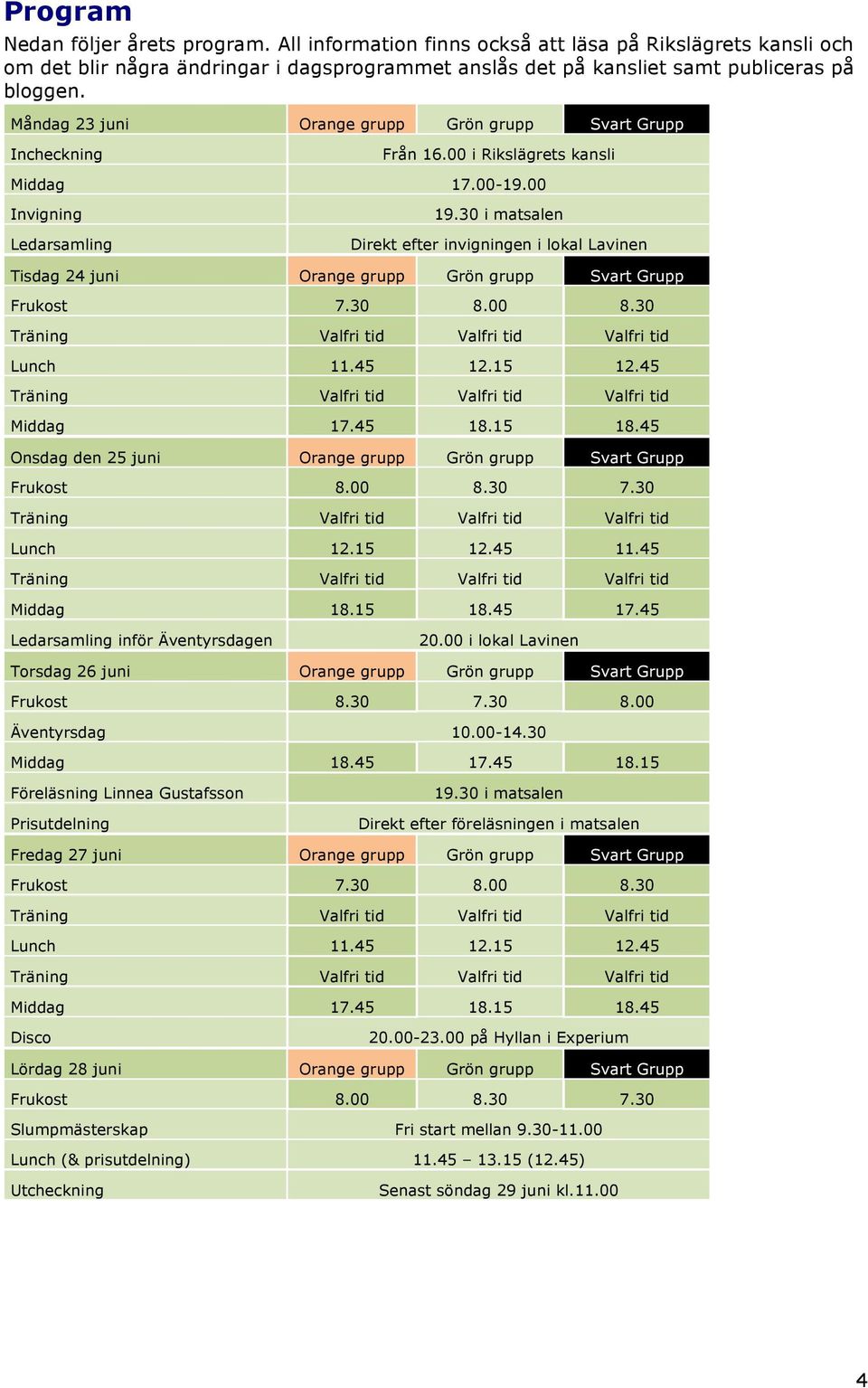 30 i matsalen Direkt efter invigningen i lokal Lavinen Tisdag 24 juni Orange grupp Grön grupp Svart Grupp Frukost 7.30 8.00 8.30 Träning Valfri tid Valfri tid Valfri tid Lunch 11.45 12.15 12.