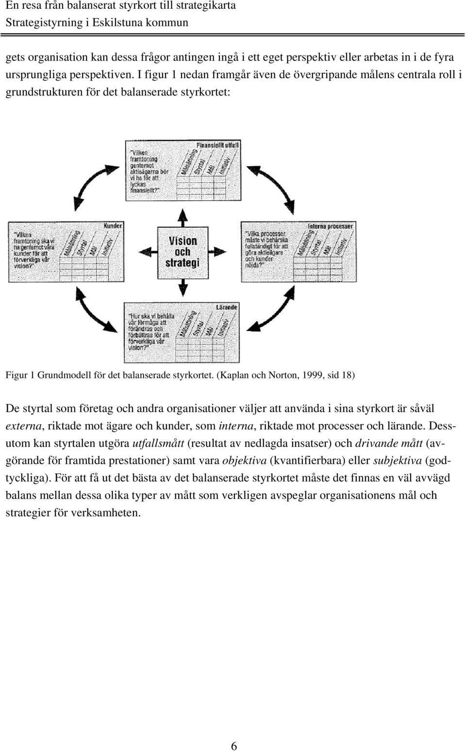 (Kaplan och Norton, 1999, sid 18) De styrtal som företag och andra organisationer väljer att använda i sina styrkort är såväl externa, riktade mot ägare och kunder, som interna, riktade mot processer