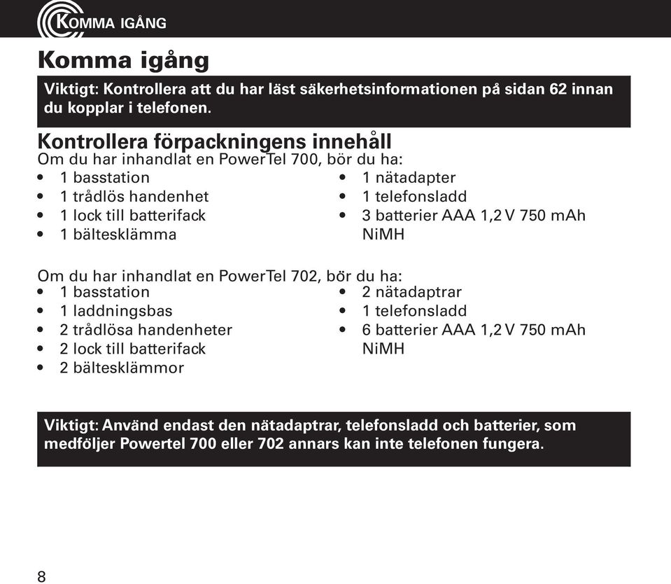 batterier AAA 1,2 V 750 mah 1 bältesklämma NiMH Om du har inhandlat en PowerTel 702, bo r du ha: 1 basstation 2 nätadaptrar 1 laddningsbas 1 telefonsladd 2 trådlösa