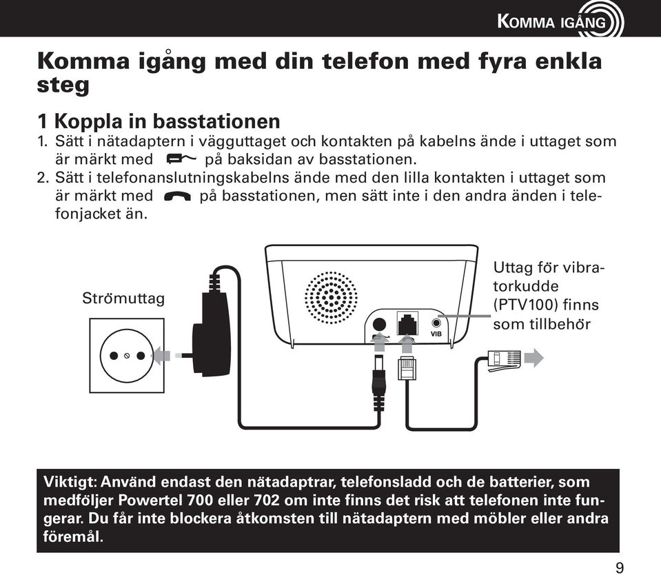 Sätt i telefonanslutningskabelns ände med den lilla kontakten i uttaget som är märkt med på basstationen, men sätt inte i den andra änden i telefonjacket än.