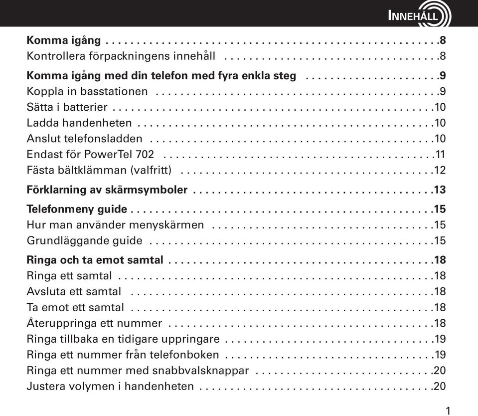 ...............................................10 Anslut telefonsladden..............................................10 Endast för PowerTel 702............................................11 Fä sta bältklämman (valfritt).