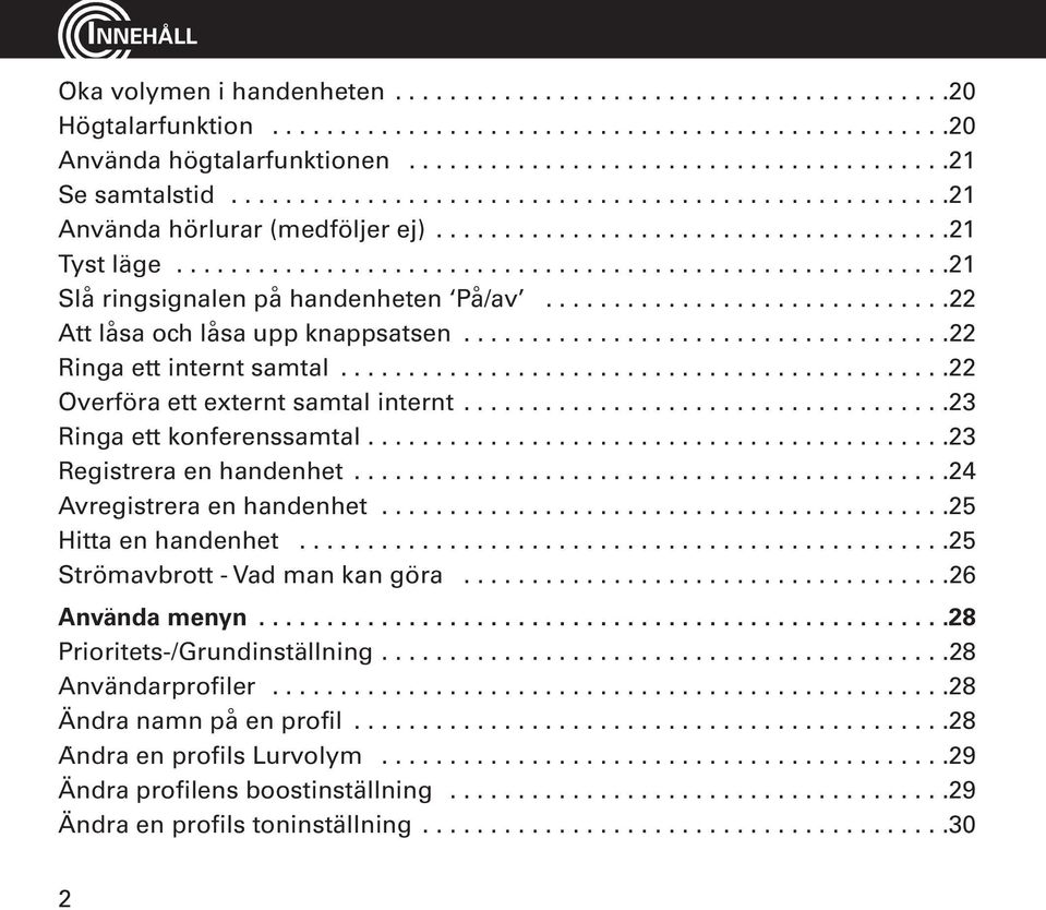 ........................................................21 Sla ringsignalen pa handenheten Pa /av..............................22 Att la sa och la sa upp knappsatsen....................................22 Ringa ett internt samtal.