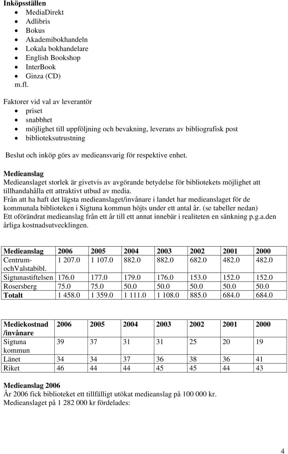 enhet. Medieanslag Medieanslaget storlek är givetvis av avgörande betydelse för bibliotekets möjlighet att tillhandahålla ett attraktivt utbud av media.