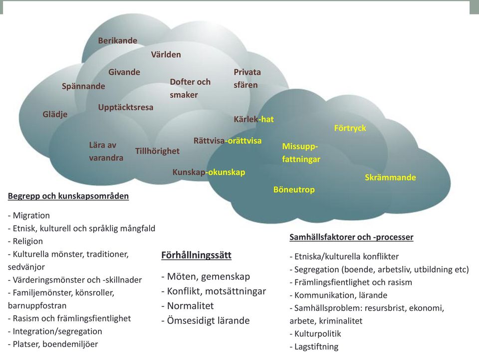 Kulturella mönster, traditioner, sedvänjor - Värderingsmönster och -skillnader - Familjemönster, könsroller, barnuppfostran - Rasism och främlingsfientlighet - Integration/segregation - Platser,