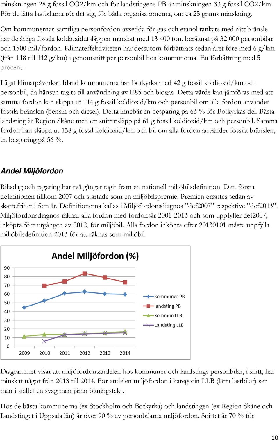 mil/fordon. Klimateffektiviteten har dessutom förbättrats sedan året före med 6 g/km (från 118 till 112 g/km) i genomsnitt per personbil hos kommunerna. En förbättring med 5 procent.