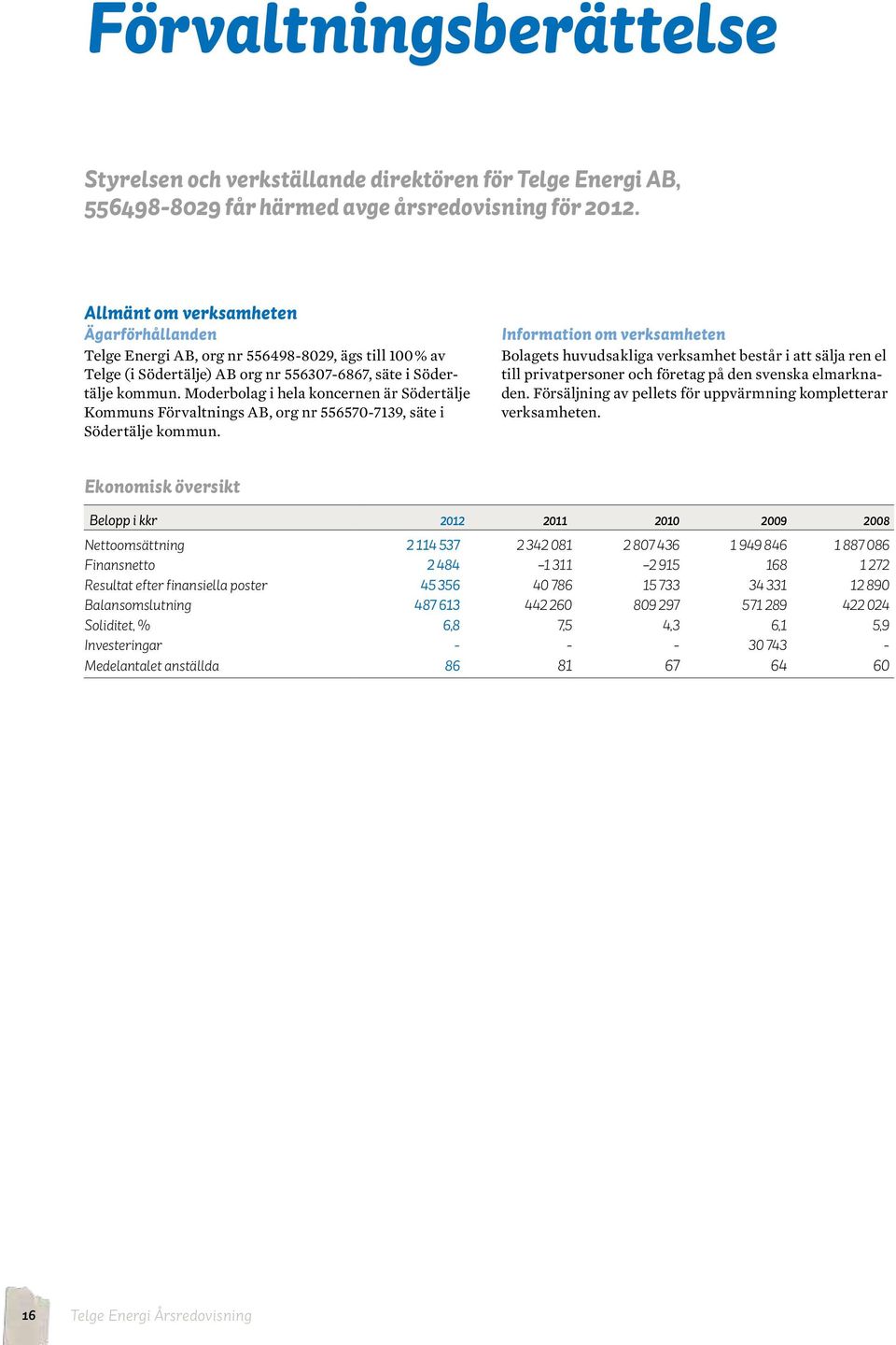 Moderbolag i hela koncernen är Södertälje Kommuns Förvaltnings AB, org nr 556570-7139, säte i Södertälje kommun.