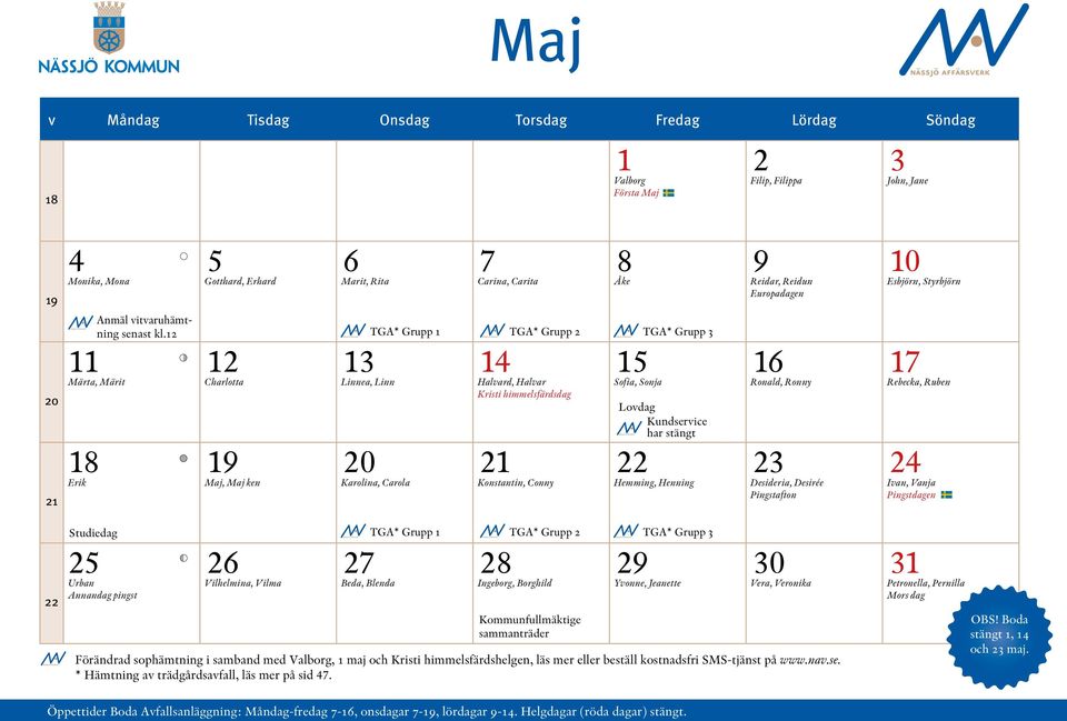 12 11 Märta, Märit 18 Erik 12 Charlotta 19 Maj, Maj ken TGA* Grupp 1 TGA* Grupp 2 TGA* Grupp 3 13 Linnea, Linn 14 Halvard, Halvar Kristi himmelsfärdsdag 15 Sofia, Sonja Lovdag 20 Karolina, Carola 21