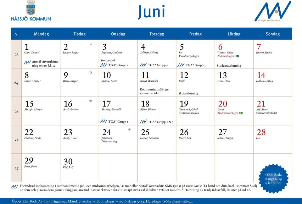 12 Eskil 6 Gustav, Gösta Nationaldagen Studentavslutning 13 Aina, Aino 7 Robert, Robin 14 Håkan, Hakon 25 15 Margit, Margot 16 Axel, Axelina 17 Torborg, Torvald Kommunfullmäktige sammanträder 18