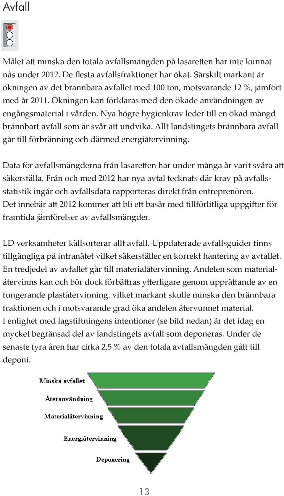 Nya högre hygienkrav leder till en ökad mängd brännbart avfall som är svår att undvika. Allt landstingets brännbara avfall går till förbränning och därmed energiåtervinning.