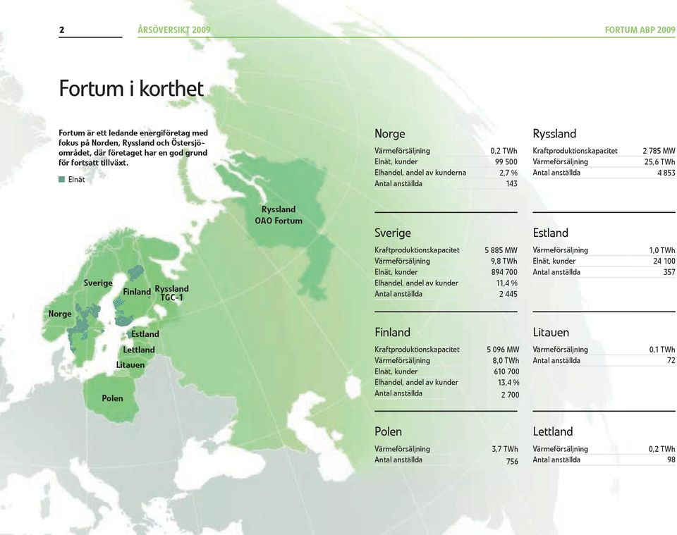 Ryssland OAO Fortum Sverige Estland Sverige Finland Ryssland TGC-1 Kraftproduktionskapacitet 5 885 MW Värmeförsäljning 9,8 TWh Elnät, kunder 894 7 Elhandel, andel av kunder 11,4 % Antal anställda 2
