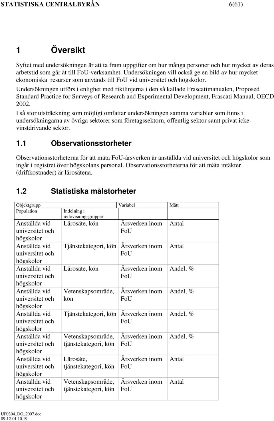 Undersökningen utförs i enlighet med riktlinjerna i den så kallade Frascatimanualen, Proposed Practice for Surveys of Research and Experimental Development, Frascati Manual, OECD 2002.