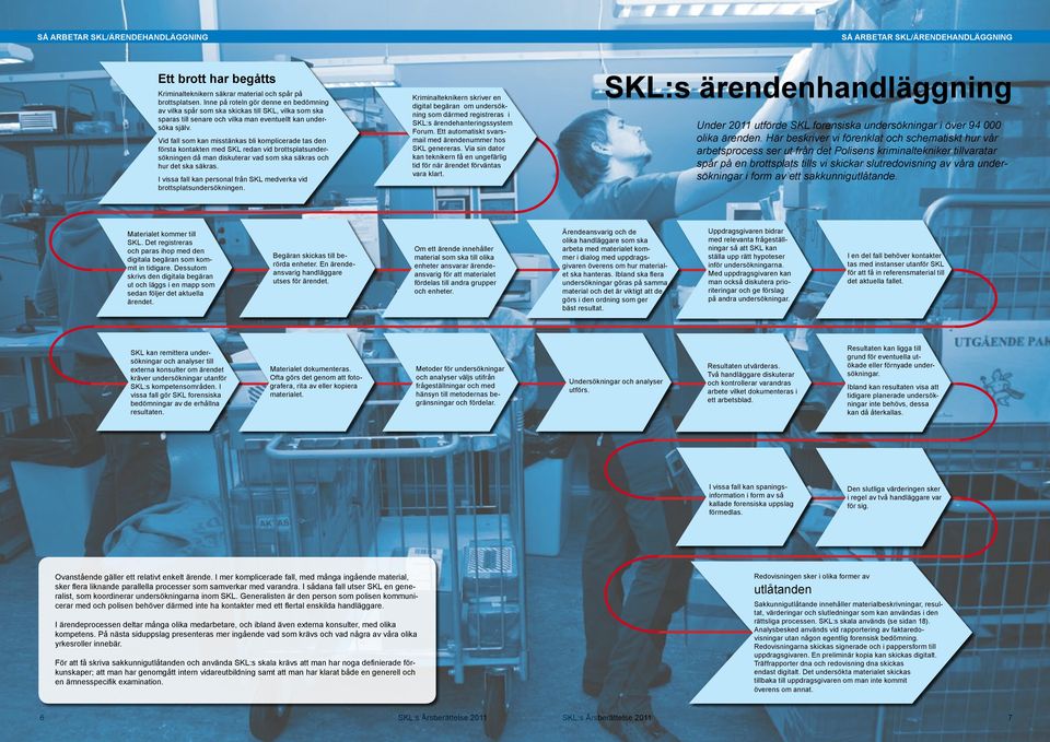 Vid fall som kan misstänkas bli komplicerade tas den första kontakten med SKL redan vid brottsplatsundersökningen då man diskuterar vad som ska säkras och hur det ska säkras.