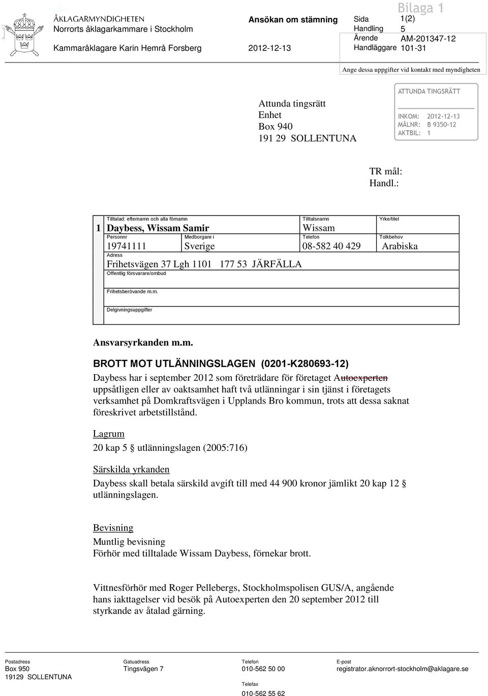 : Tilltalad: efternamn och alla förnamn Tilltalsnamn Yrke/titel 1 Daybess, Wissam Samir Wissam Personnr Medborgare i Telefon Tolkbehov 19741111 Sverige 08-582 40 429 Arabiska Adress Frihetsvägen 37