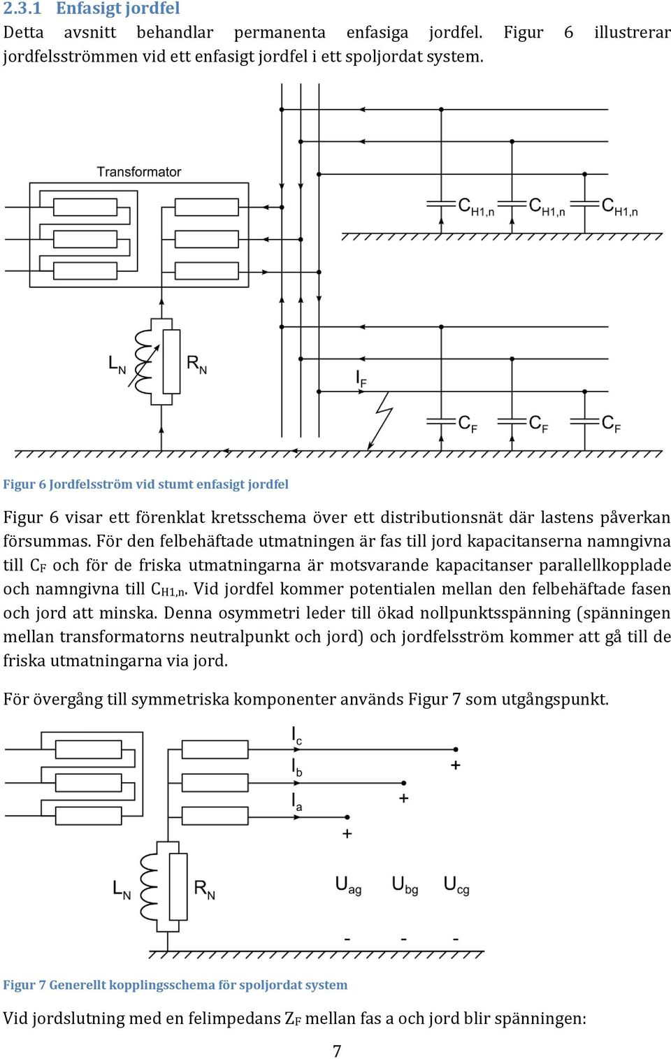 För den felbehäftade utmatningen är fas till jord kapacitanserna namngivna till CF och för de friska utmatningarna är motsvarande kapacitanser parallellkopplade och namngivna till CH1,n.