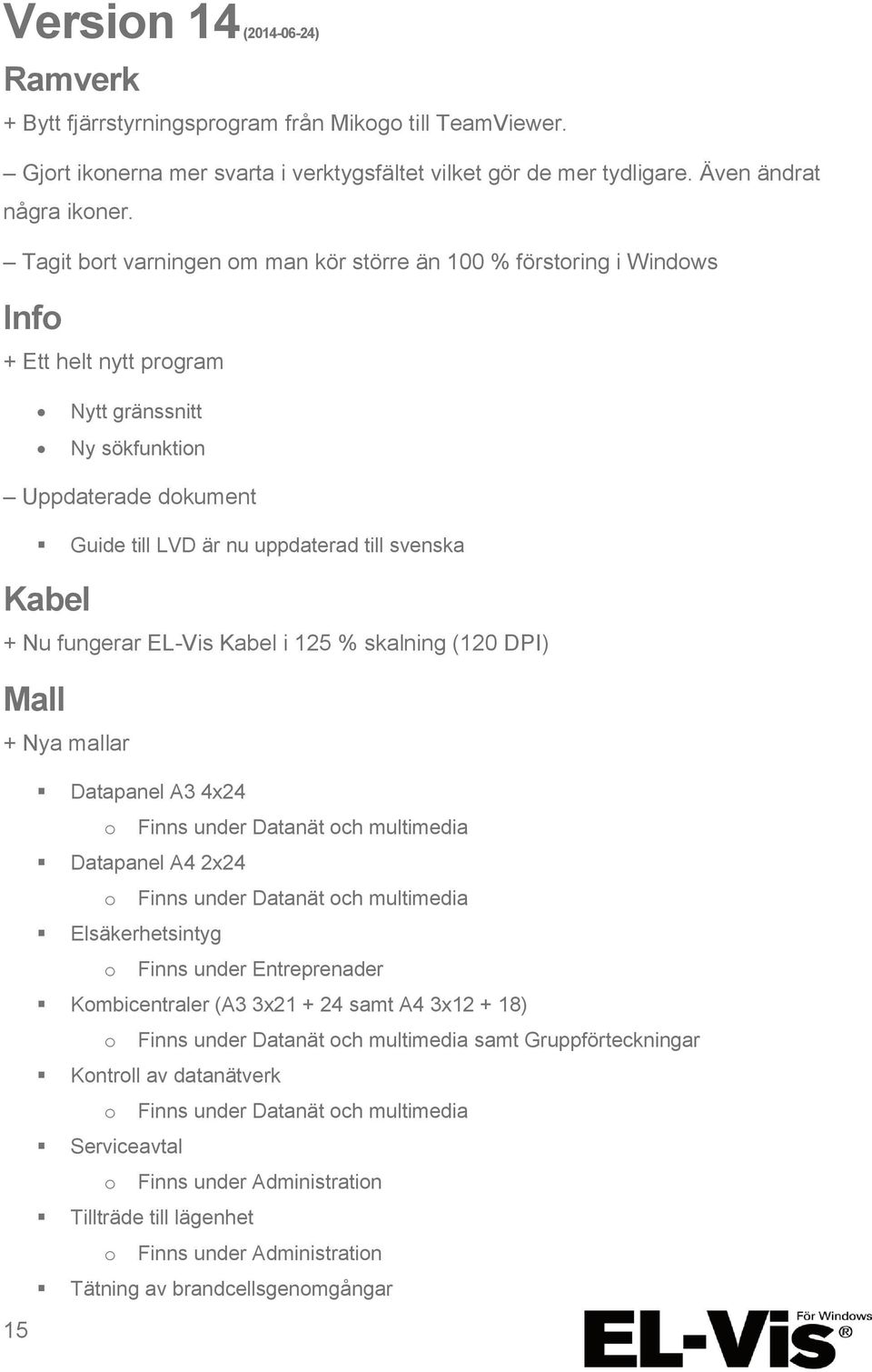 Kabel + Nu fungerar EL-Vis Kabel i 125 % skalning (120 DPI) Mall + Nya mallar Datapanel A3 4x24 o Finns under Datanät och multimedia Datapanel A4 2x24 o Finns under Datanät och multimedia