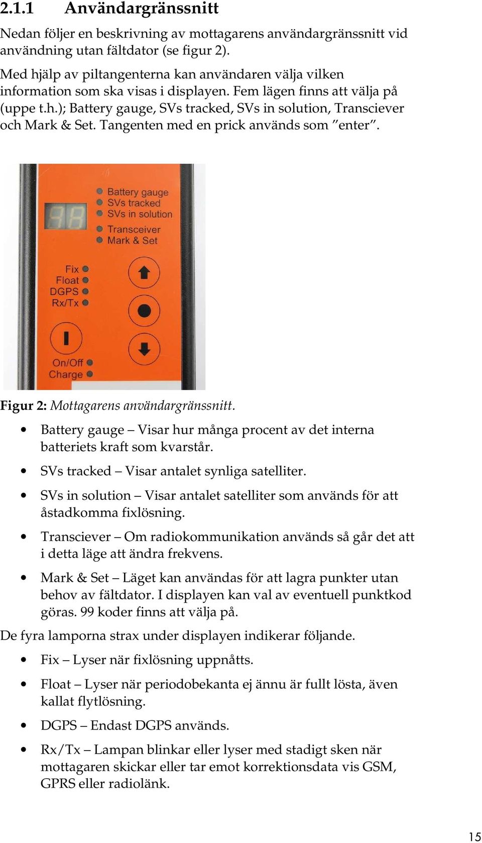 Tangenten med en prick används som enter. Figur 2: Mottagarens användargränssnitt. Battery gauge Visar hur många procent av det interna batteriets kraft som kvarstår.