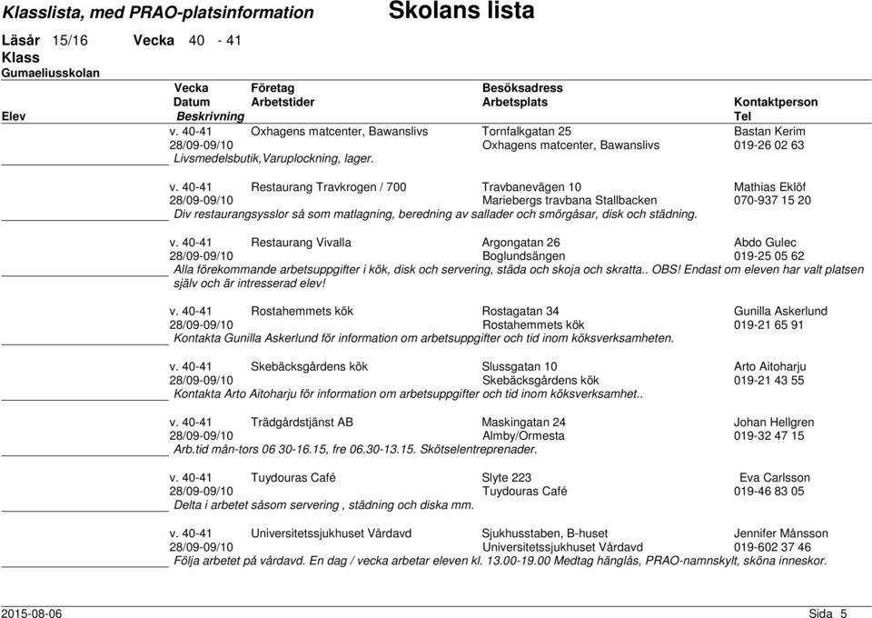 disk och städning. v. 40- Restaurang Vivalla Argongatan 26 Abdo Gulec 28/09-09/10 Boglundsängen 019-25 05 62 Alla förekommande arbetsuppgifter i kök, disk och servering, städa och skoja och skratta.