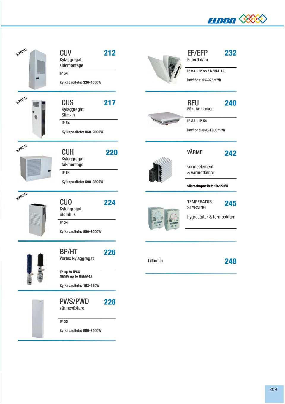 CUH Kylaggregat, takmontage IP 54 220 VÄRME värmeelement & värmefläktar 242 e: 600-3800W värmekapacitet: 10-550W NYHET!