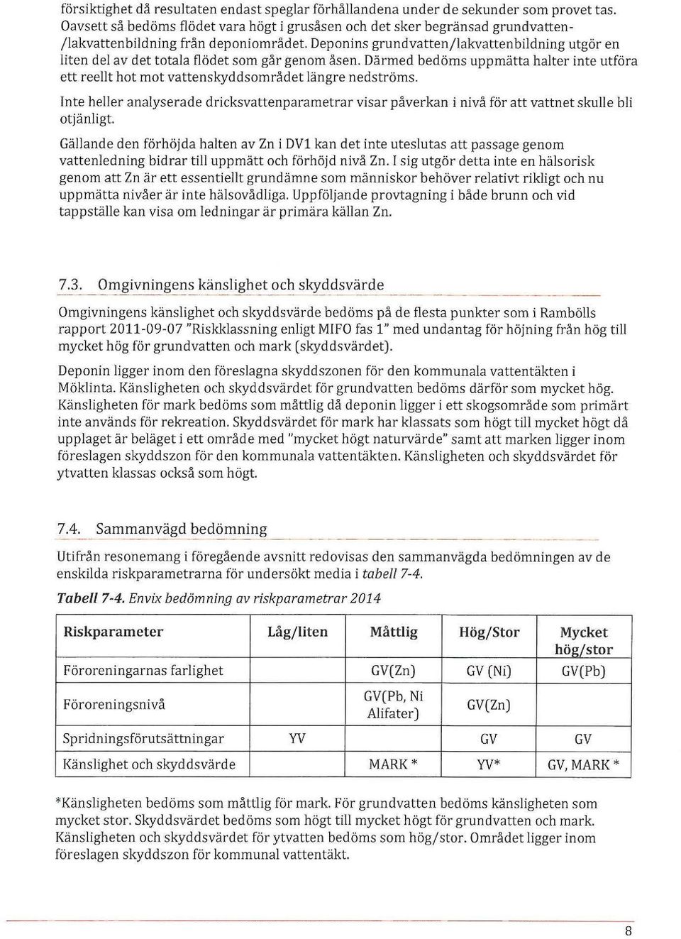 Deponins grundvatten/lakvatten bildning utgör en liten del av det totala flödet som går genom åsen. Därmed bedöms uppmätta halter inte utföra ett reellt hot mot vattenskyddsområdet längre nedströms.