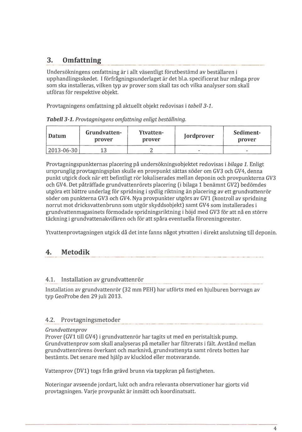 Datum Grundvatten- Ytvatten- Sedimentprover prover Jordprover prover 2013-06-30 13 2 - - Provtagningspunkternas placering på undersökningsobjektet redovisas i bilaga 1.
