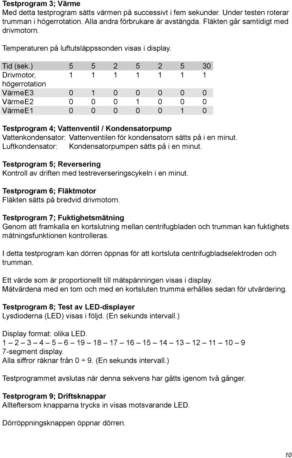 ) 5 5 2 5 2 5 30 Drivmotor, 1 1 1 1 1 1 1 högerrotation Värme E3 0 1 0 0 0 0 0 Värme E2 0 0 0 1 0 0 0 Värme E1 0 0 0 0 0 1 0 Testprogram 4; Vattenventil / Kondensatorpump Vattenkondensator: