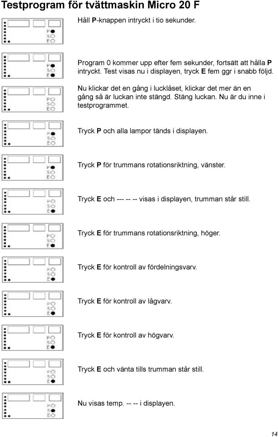 Nu är du inne i testprogrammet. Tryck P och alla lampor tänds i displayen. Tryck P för trummans rotationsriktning, vänster.