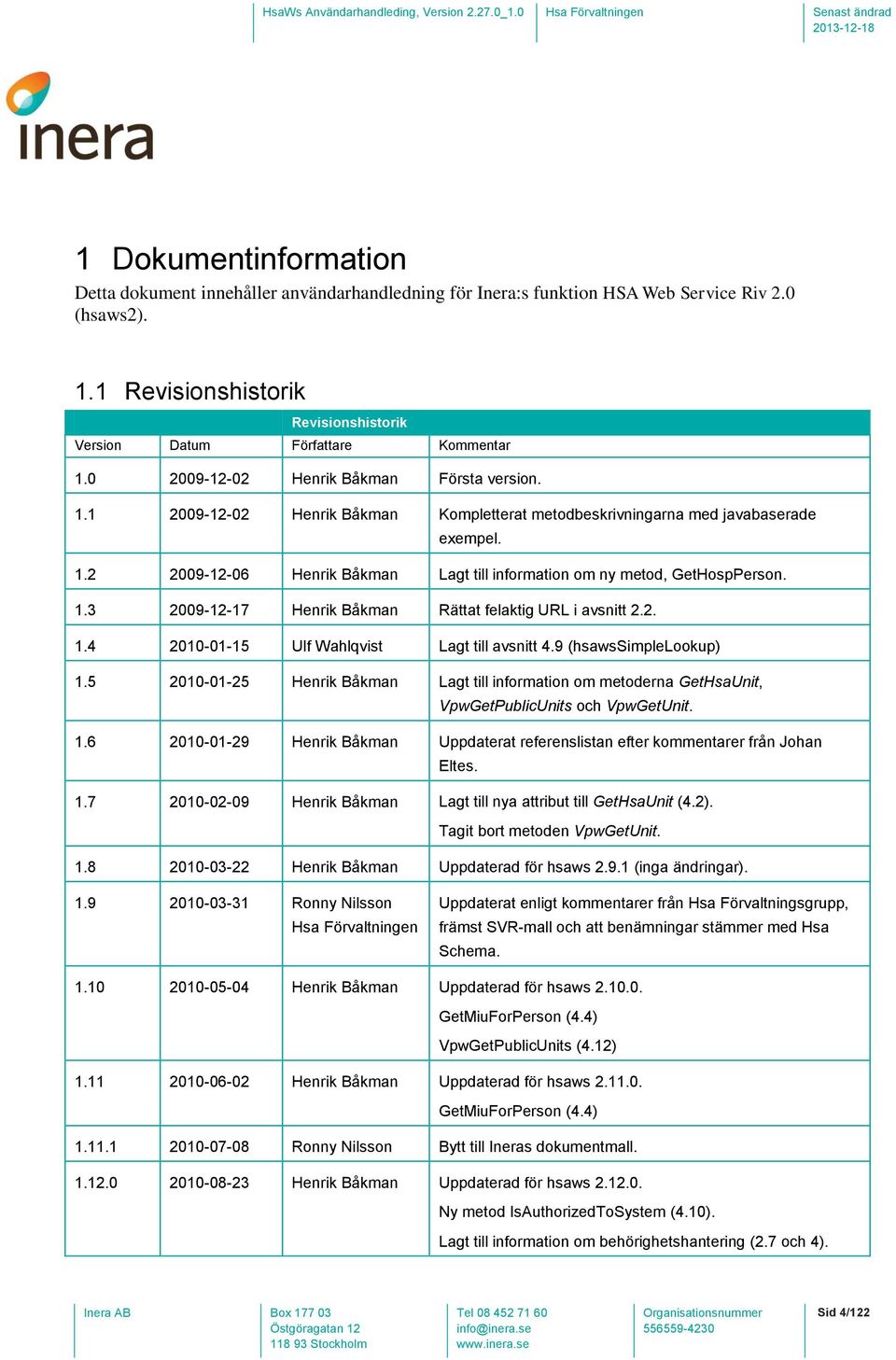 1.3 2009-12-17 Henrik Båkman Rättat felaktig URL i avsnitt 2.2. 1.4 2010-01-15 Ulf Wahlqvist Lagt till avsnitt 4.9 (hsawssimplelookup) 1.