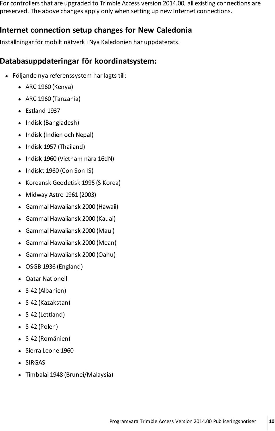 Databasuppdateringar för koordinatsystem: Följande nya referenssystem har lagts till: ARC 1960 (Kenya) ARC 1960 (Tanzania) Estland 1937 Indisk (Bangladesh) Indisk (Indien och Nepal) Indisk 1957