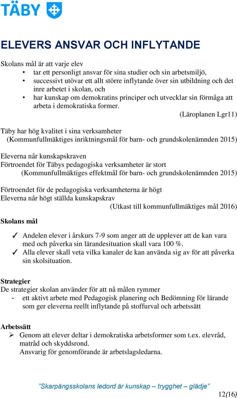 (Läroplanen Lgr11) Täby har hög kvalitet i sina verksamheter (Kommunfullmäktiges inriktningsmål för barn- och grundskolenämnden 2015) Eleverna når kunskapskraven Förtroendet för Täbys pedagogiska