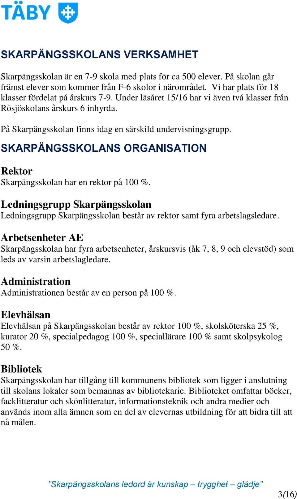 SKARPÄNGSSKOLANS ORGANISATION Rektor Skarpängsskolan har en rektor på 100 %. Ledningsgrupp Skarpängsskolan Ledningsgrupp Skarpängsskolan består av rektor samt fyra arbetslagsledare.