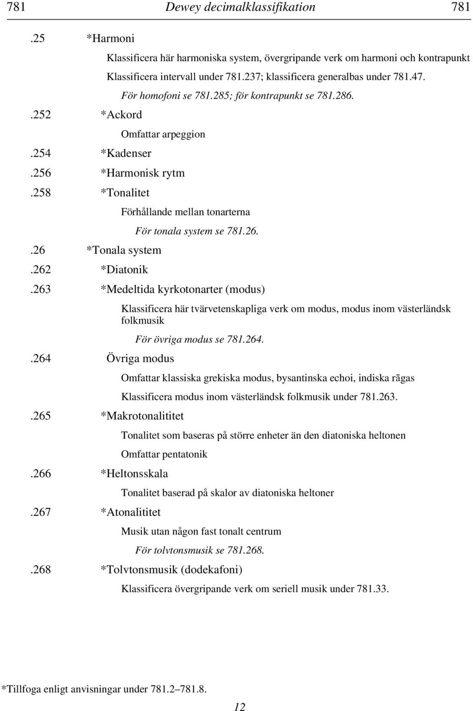 262 *Diatonik Förhållande mellan tonarterna För tonala system se 781.26..263 *Medeltida kyrkotonarter (modus).264 Övriga modus.