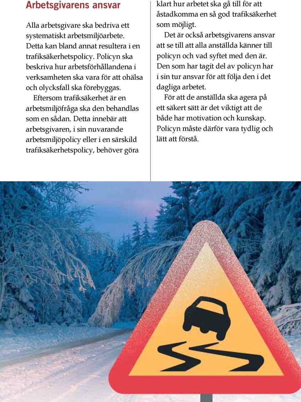 Detta innebär att arbetsgivaren, i sin nuvarande arbetsmiljöpolicy eller i en särskild trafiksäkerhetspolicy, behöver göra klart hur arbetet ska gå till för att åstadkomma en så god trafiksäkerhet