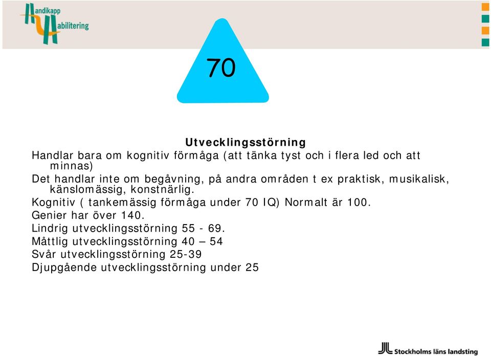 Kognitiv ( tankemässig förmåga under 70 IQ) Normalt är 100. Genier har över 140.