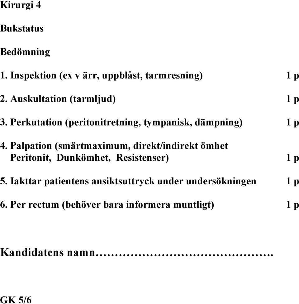 Palpation (smärtmaximum, direkt/indirekt ömhet Peritonit, Dunkömhet, Resistenser) 1 p 5.