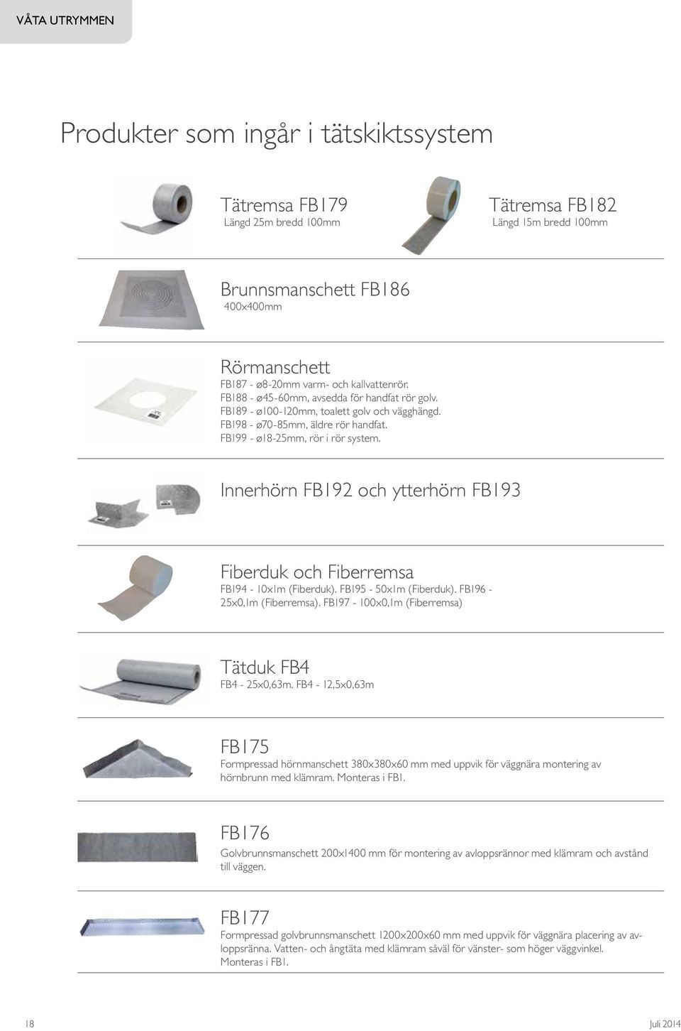 Innerhörn FB192 och ytterhörn FB193 Fiberduk och Fiberremsa FB194-10x1m (Fiberduk). FB195-50x1m (Fiberduk). FB196-25x0,1m (Fiberremsa). FB197-100x0,1m (Fiberremsa) Tätduk FB4 FB4-25x0,63m.