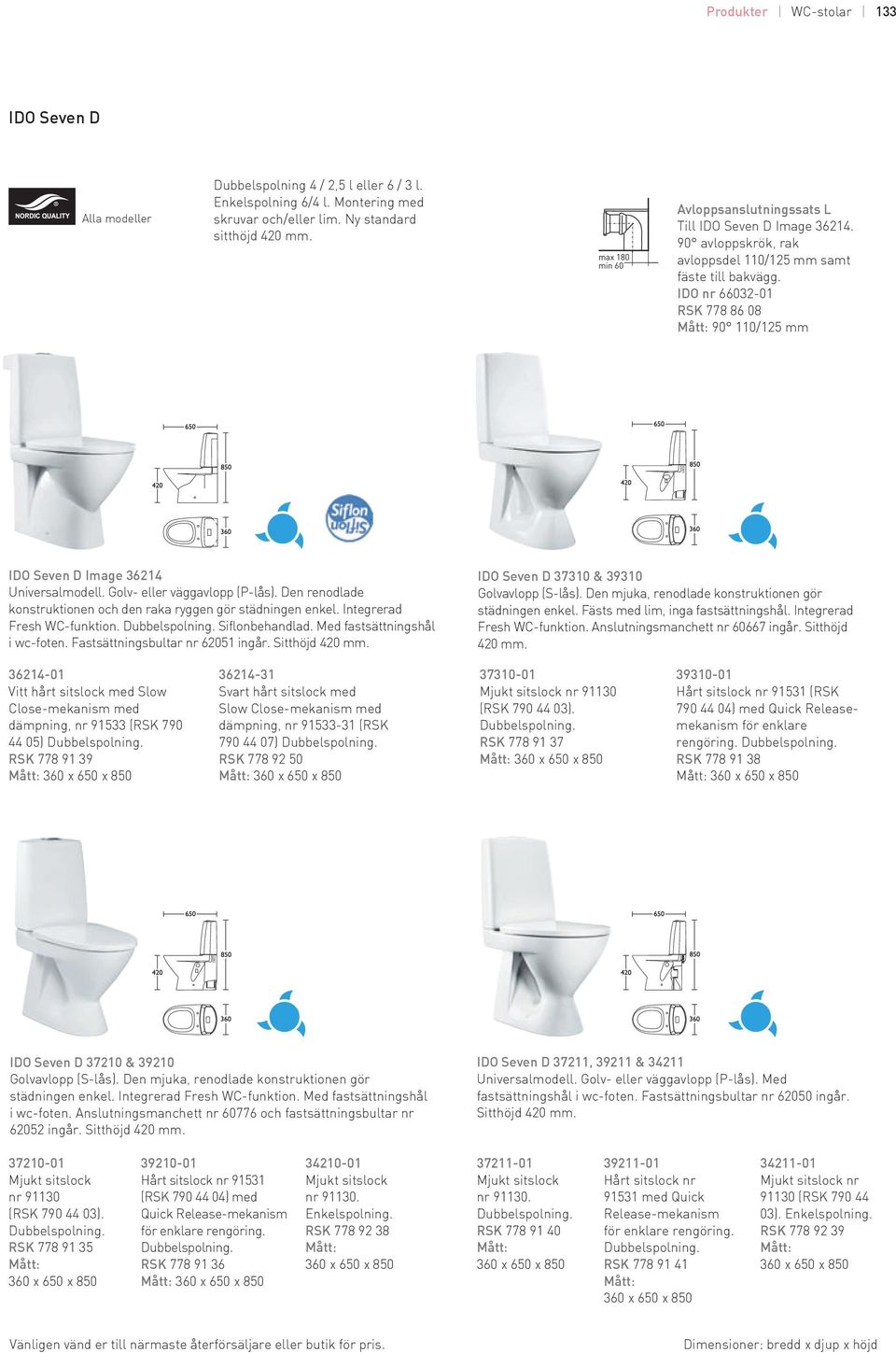 IDO nr 66032-01 RSK 778 86 08 Mått: 90 110/125 mm IDO Seven D Image 36214 Universalmodell. Golv- eller väggavlopp (P-lås). Den renodlade konstruktionen och den raka ryggen gör städningen enkel.