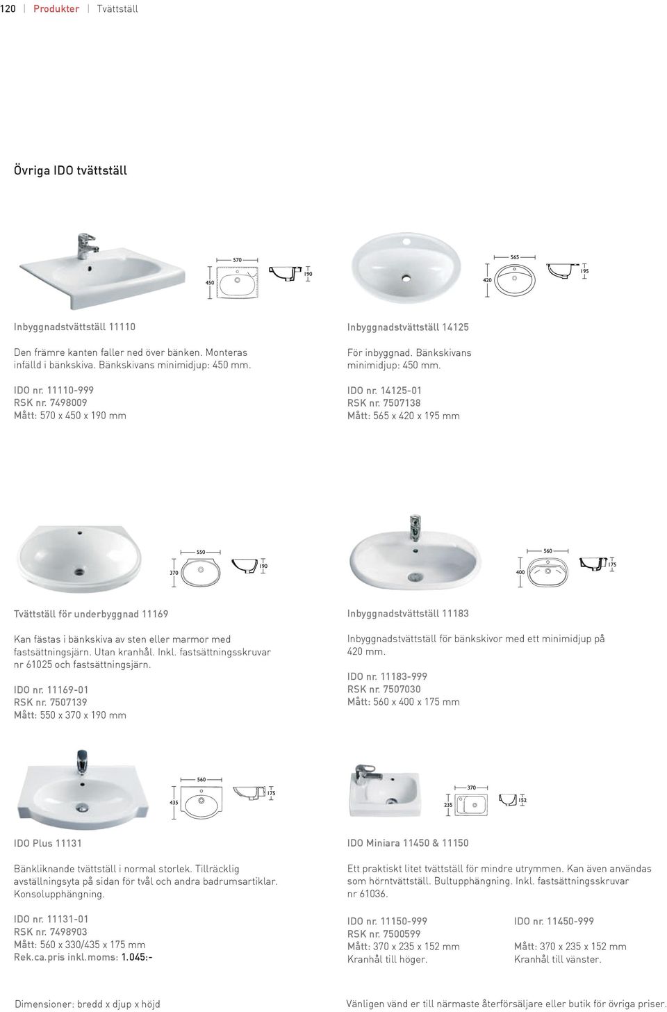 7507138 Mått: 565 x 420 x 195 mm Tvättställ för underbyggnad 11169 Kan fästas i bänkskiva av sten eller marmor med fastsättningsjärn. Utan kranhål. Inkl.