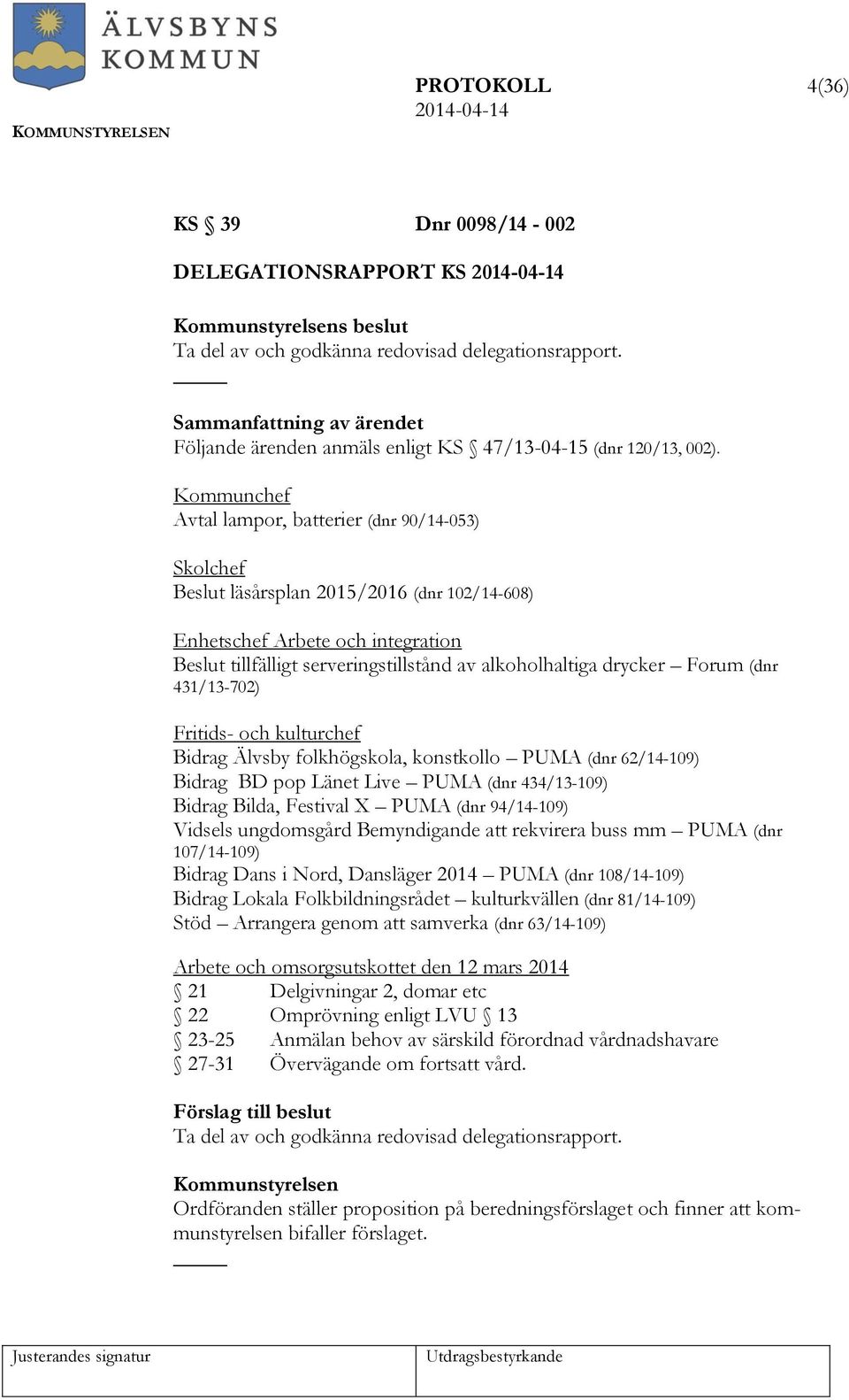 drycker Forum (dnr 431/13-702) Fritids- och kulturchef Bidrag Älvsby folkhögskola, konstkollo PUMA (dnr 62/14-109) Bidrag BD pop Länet Live PUMA (dnr 434/13-109) Bidrag Bilda, Festival X PUMA (dnr