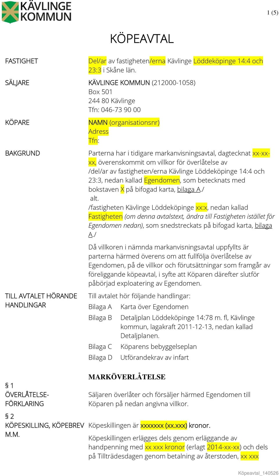 markanvisningsavtal, dagtecknat xx-xxxx, överenskommit om villkor för överlåtelse av /del/ar av fastigheten/erna Kävlinge Löddeköpinge 14:4 och 23:3, nedan kallad Egendomen, som betecknats med