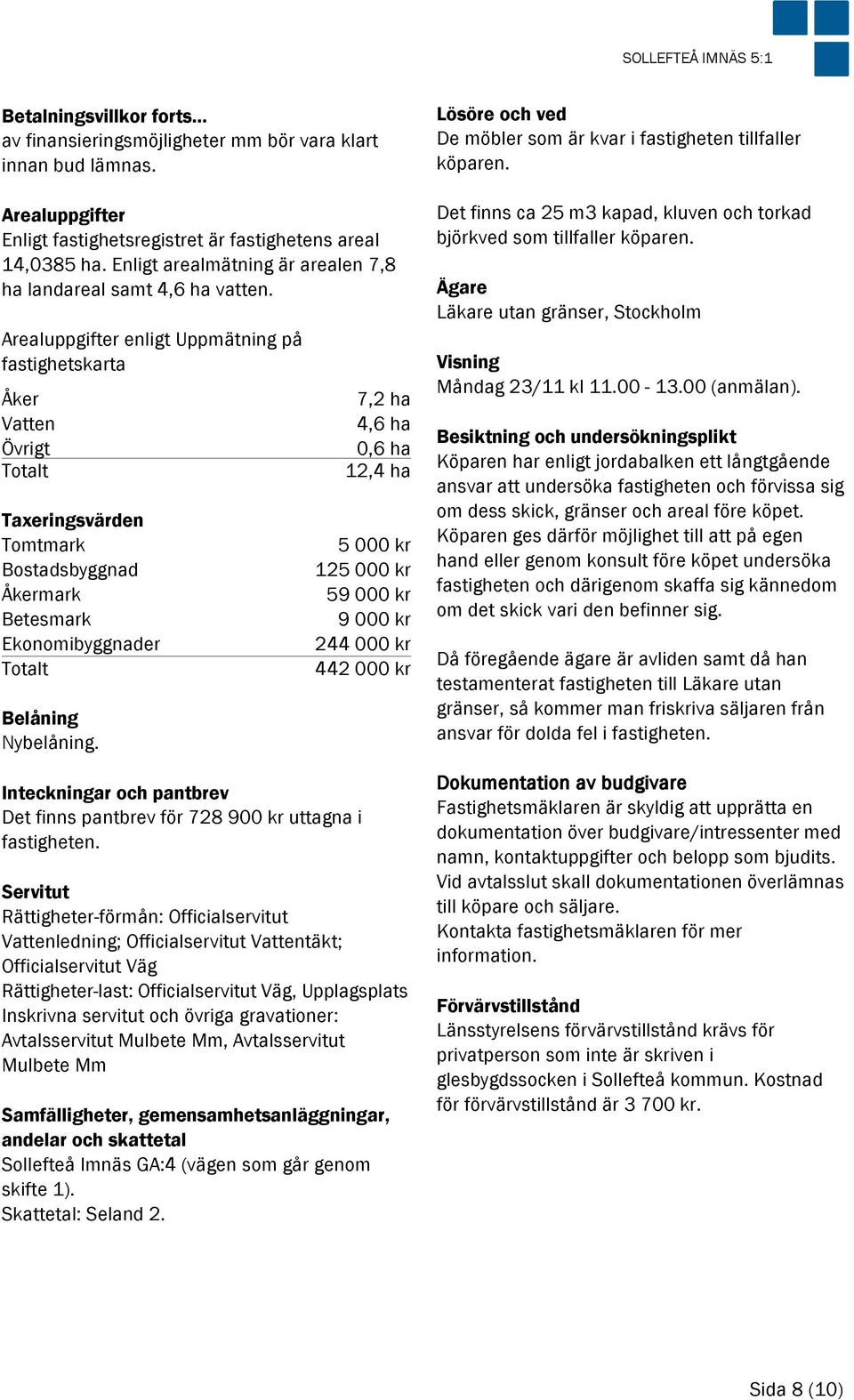 Arealuppgifter enligt Uppmätning på fastighetskarta Åker 7,2 ha Vatten 4,6 ha Övrigt 0,6 ha Totalt 12,4 ha Taxeringsvärden Tomtmark 5 000 kr Bostadsbyggnad 125 000 kr Åkermark 59 000 kr Betesmark 9