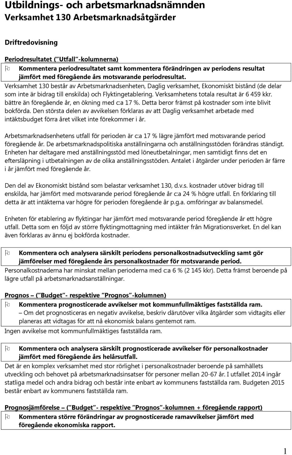 Verksamhet 130 består av Arbetsmarknadsenheten, Daglig verksamhet, Ekonomiskt bistånd (de delar som inte är bidrag till enskilda) och Flyktingetablering. Verksamhetens totala resultat är 6 459 kkr.