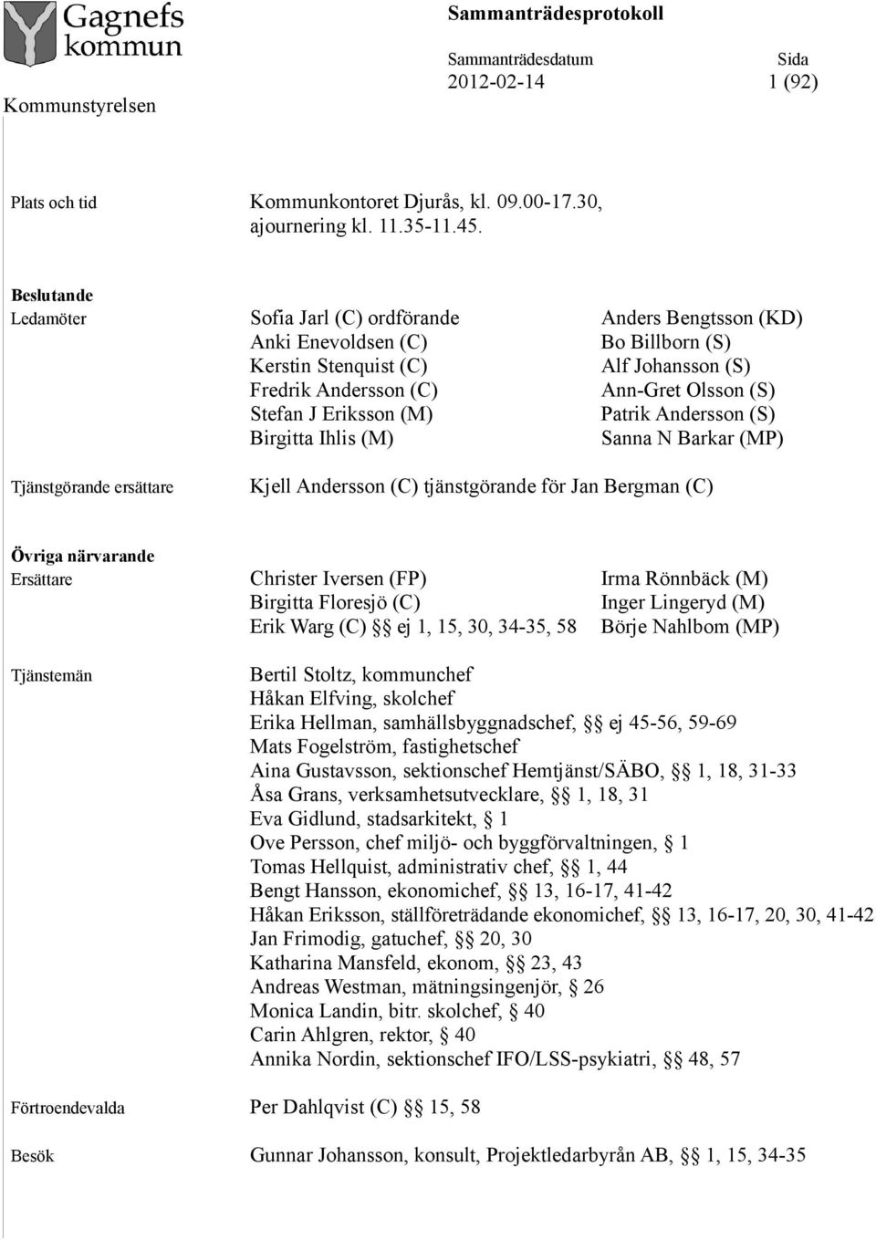 Eriksson (M) Patrik Andersson (S) Birgitta Ihlis (M) Sanna N Barkar (MP) Tjänstgörande ersättare Kjell Andersson (C) tjänstgörande för Jan Bergman (C) Övriga närvarande Ersättare Christer Iversen