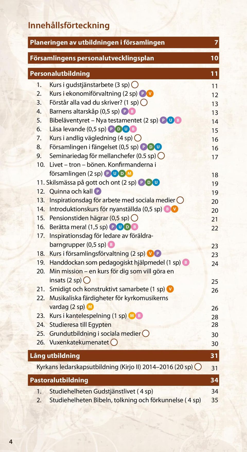 Läsa levande (0,5 sp) P D U B 15 7. Kurs i andlig vägledning (4 sp) 16 8. Församlingen i fängelset (0,5 sp) P D U 16 9. Seminariedag för mellanchefer (0.5 sp) 17 10. Livet tron bönen.