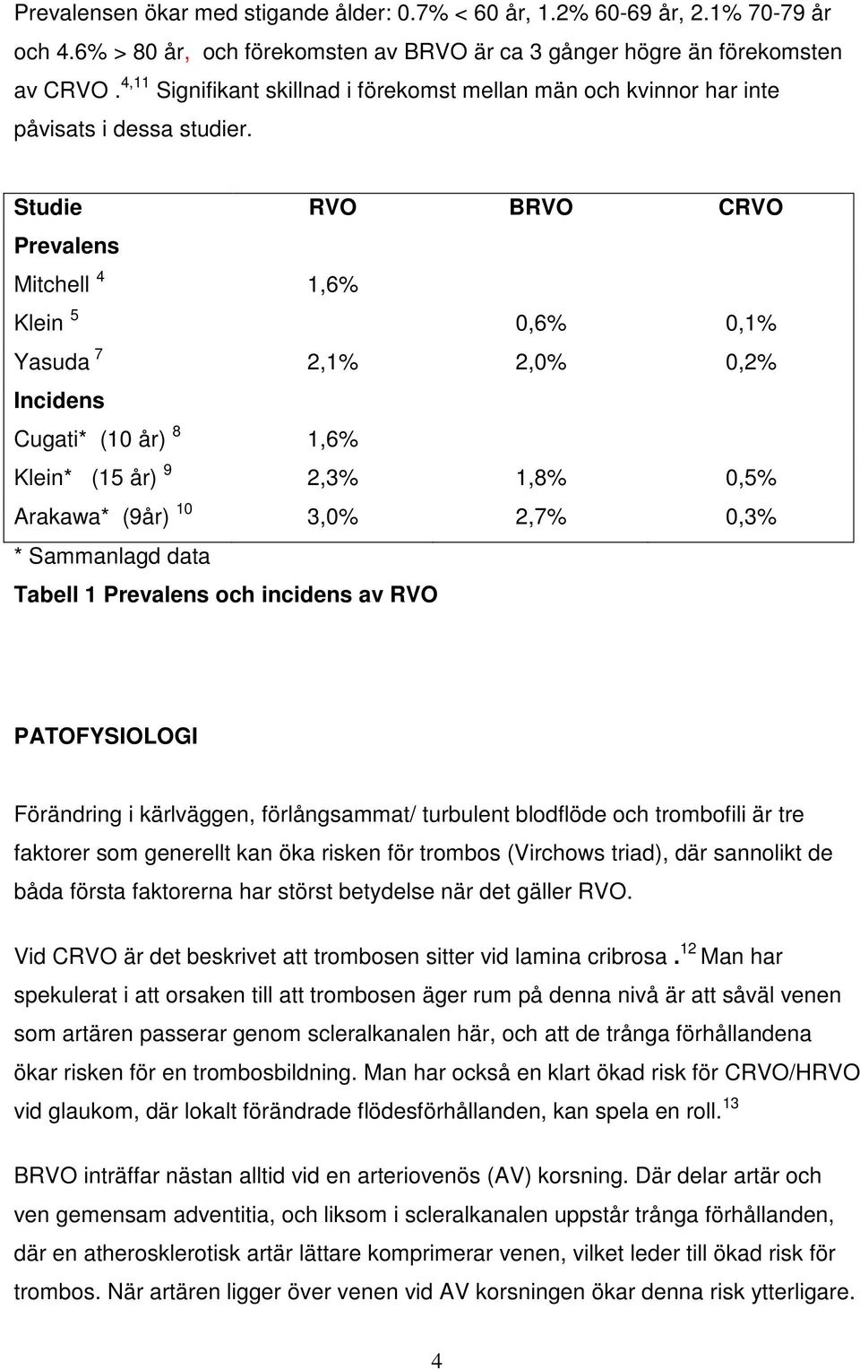 Studie RVO BRVO CRVO Prevalens Mitchell 4 1,6% Klein 5 0,6% 0,1% Yasuda 7 2,1% 2,0% 0,2% Incidens Cugati* (10 år) 8 1,6% Klein* (15 år) 9 2,3% 1,8% 0,5% Arakawa* (9år) 10 3,0% 2,7% 0,3% * Sammanlagd