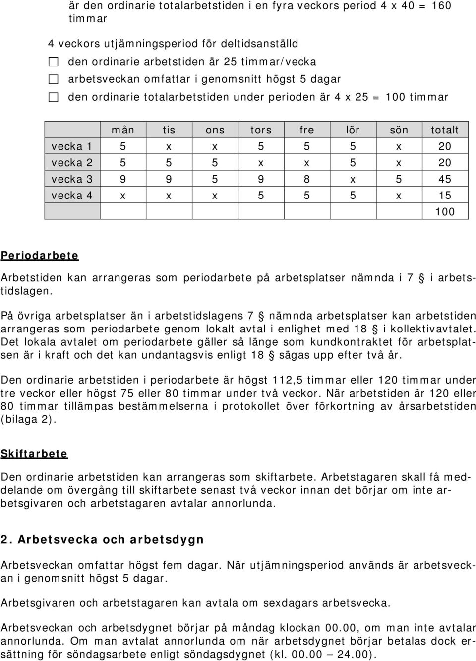 5 45 vecka 4 x x x 5 5 5 x 15 100 Periodarbete Arbetstiden kan arrangeras som periodarbete på arbetsplatser nämnda i 7 i arbetstidslagen.