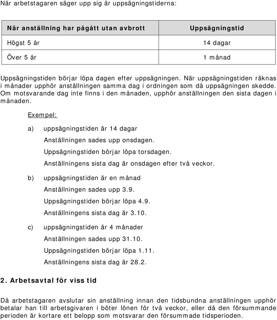 Om motsvarande dag inte finns i den månaden, upphör anställningen den sista dagen i månaden. Exempel: a) uppsägningstiden är 14 dagar Anställningen sades upp onsdagen.