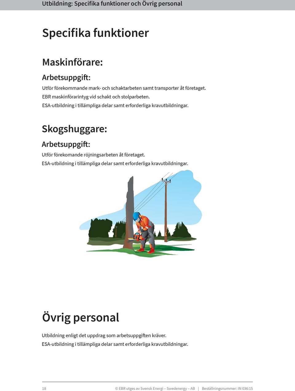 Skogshuggare: Arbetsuppgift: Utför förekomande röjningsarbeten åt företaget. ESA-utbildning i tillämpliga delar samt erforderliga kravutbildningar.